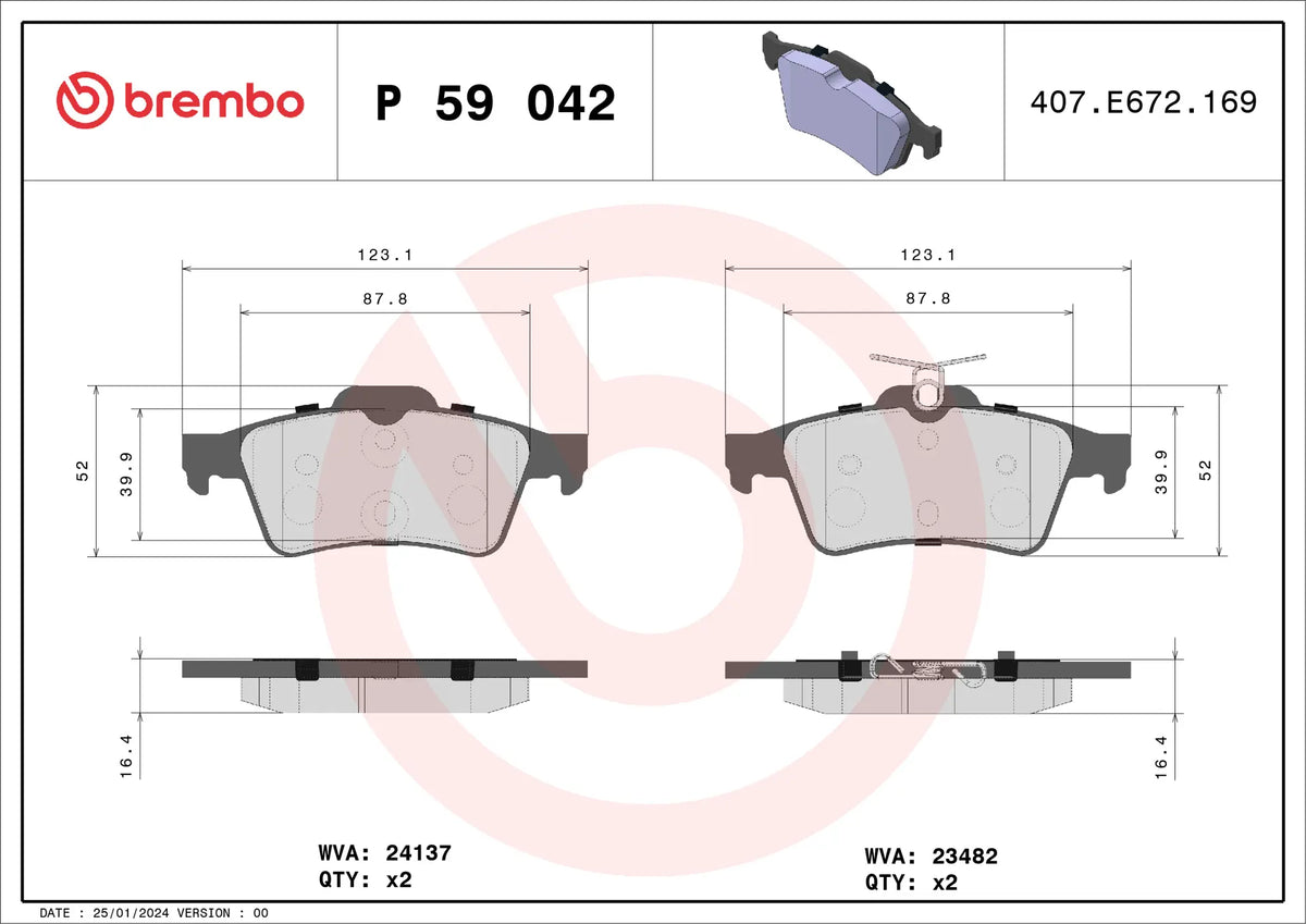 Best Aftermarket Brembo P-59-042 Brake Pad Set - Wear Indicator Ready, Teves Calipers, 123x52x17mm
