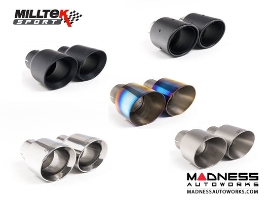 Audi B9 S4/S5, BMW F20/F21 M140i, F87 M2, F30/F31 M340i, Ford Fiesta Mk8 ST, Puma ST, Mustang GT, Defender, G-Class, Mini F56 JCW, VW Polo GTI, Hyundai i20 N Milltek 90mm Single Exhaust Tip