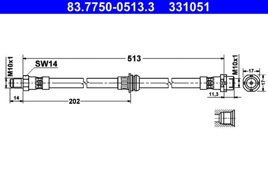 BMW X3 E83 brake hose ATE 83.7750-0513.3, 513mm M10x1 front/rear