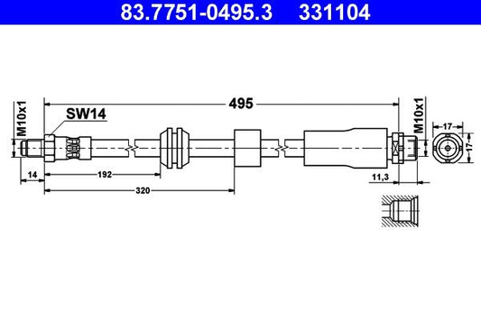 E39 E60 E61 F10 BMW 5 Series Brake Hose 495mm M10x1 - ATE 83.7751-0495.3
