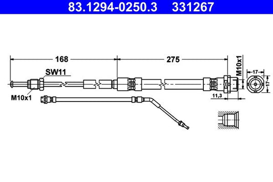 BMW Z4 E85 E86 ATE Brake Hose 83.1294-0250.3, 275mm M10x1