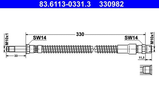 E46 E90 F30 G20 BMW Brake Hose ATE 83.6124-0331.3, 330mm M10x1