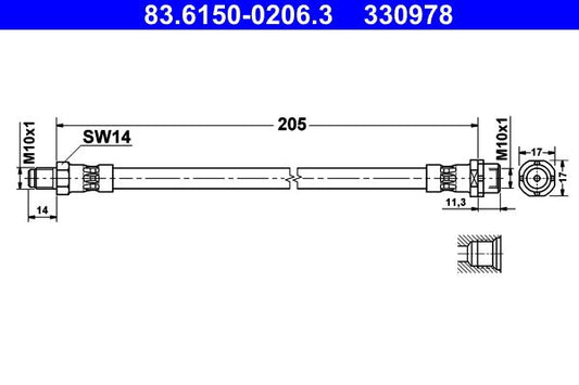 BMW Z4 E85 E86 Brake Hose 205mm M10x1 - ATE 83.6150-0206.3