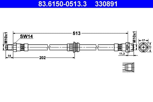 BMW X3 E83 brake hose ATE 83.6150-0513.3, 513mm M10x1