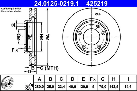 BMW 3 Series Brake Discs - ATE 24.0125-0219.1 280mm Vented Coated High-Carbon Rotor