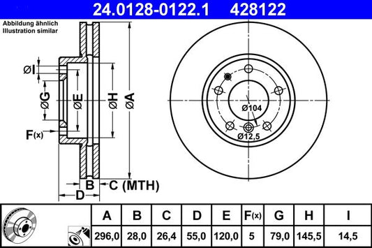 E39 E60 BMW 5 Series Brake Discs ATE 24.0128-0122.1, 296x28mm Vented