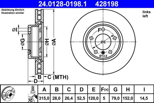 E90 E91 E92 E93 BMW 3 Series Brake Discs 315mm ATE 24.0128-0198.1 Vented Coated