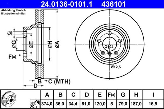 E65 E66 E67 BMW 7 Series ATE 24.0136-0101.1 Vented Brake Disc, 374mm x 36mm