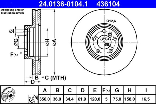 BMW X5 E53 Front Brake Discs ATE 24.0136-0104.1, 356mm Vented Coated
